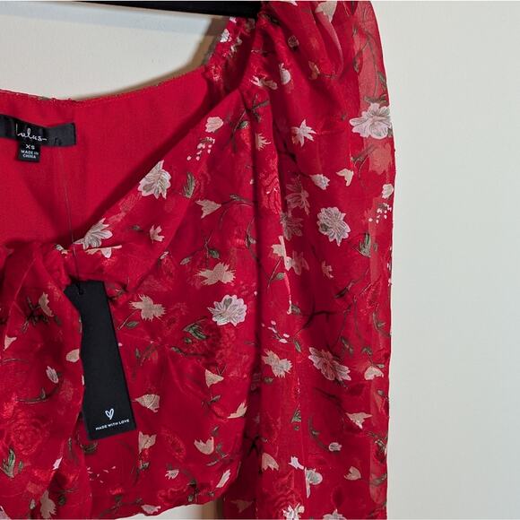 Lulu's red floral tie front long sleeve top - Picture 10 of 14